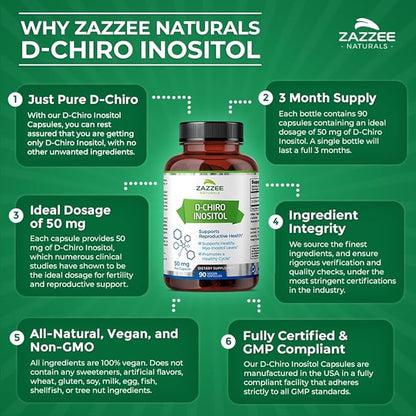 Zazzee D-Chiro-Inositol, 50 mg per Capsule, 90 Vegan Capsules, Ideal Dosage for 40:1 Ratio with Myo-Inositol, 3 Month Supply, 100% Vegetarian, Non-GMO