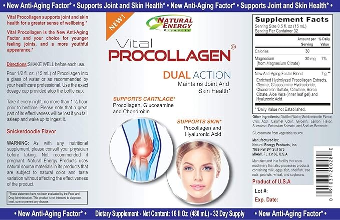 Natural Energy Vital Procollagen - Liquid Hydrolyzed Collagen Protein with Hyaluronic Acid and Glucosamine Chondroitin Sulfate Anti-Aging Factor for Men and Women 16oz |New Snickerdoodle Flavor|