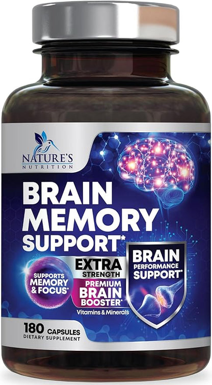 Brain Supplements for Memory and Focus - 40 Nootropics & Vitamins to Support Mental Alertness, Clarity & Concentration, Brain Health Cognitive Memory Pills, B6, B12, Phosphatidylserine - 180 Capsules