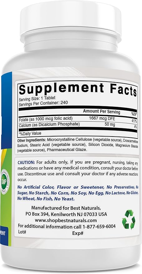 Best Naturals Folic Acid 1000 mcg (Vitamin B9), 240 Tablets (1000 mcg (Pack of 3))