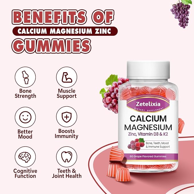 Calcium Gummies, Calcium Magnesium Zinc with Vitamin D3 & K2, Calcium Magnesium Supplement for B0nes Muscles, Grape Flavor - 120 Count