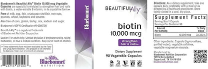 Bluebonnet Nutrition Beautiful Ally Biotin 10,000 mcg, Strengthen Hair & Nails*, Non-GMO, Vegan, Kosher Certified, Gluten-Free, Soy-Free, 90 Vegetable Capsules, 90 Servings