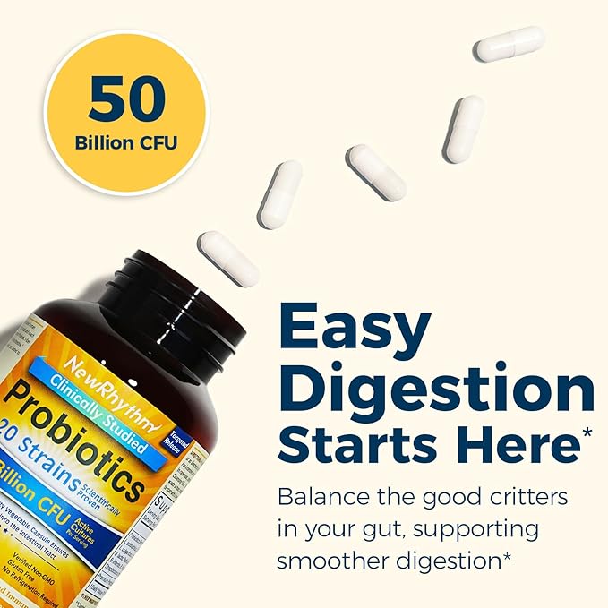 NewRhythm Probiotics 50 Billion CFU 20 Strains, 90 Veggie Capsules, Targeted Release Technology, Stomach Acid Resistant, No Need for Refrigeration, Non-GMO, Gluten Free