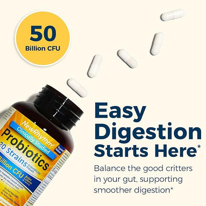 NewRhythm Probiotics 50 Billion CFU 20 Strains, 60 Veggie Capsules, Targeted Release Technology, Stomach Acid Resistant, No Need for Refrigeration, Non-GMO, Gluten Free