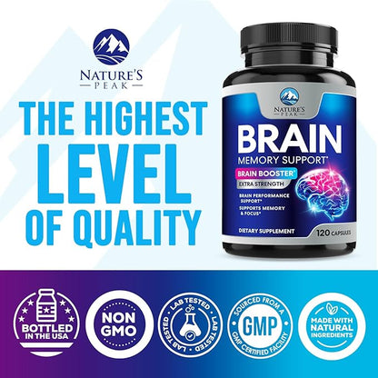 Brain Supplement Memory Pills - Nootropics Support for Concentration, Clarity, Energy & Focus - Brain Health with Bacopa, Cognitive Vitamins, Phosphatidylserine, DMAE - Brain Booster - 120 Capsules