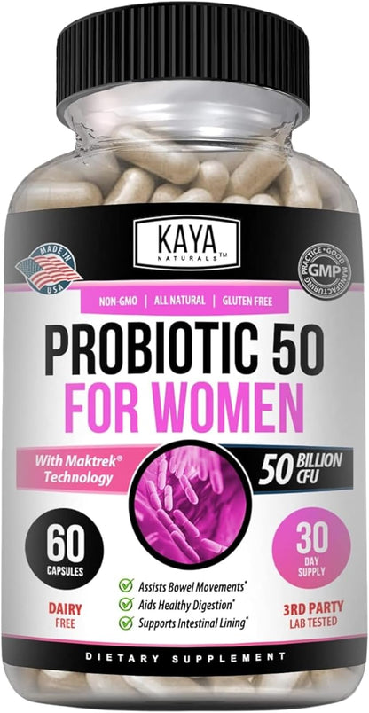Kaya Naturals Probiotic 50 Billion CFU - Probiotics for Women, Probiotics for Men and Adults, Natural - Gut Health & Immune Support Supplement - Provides Digestive Support - 60 Vegetable Capsules