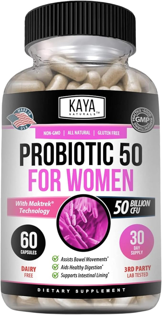 Kaya Naturals Probiotic 50 Billion CFU - Probiotics for Women, Probiotics for Men and Adults, Natural - Gut Health & Immune Support Supplement - Provides Digestive Support - 60 Vegetable Capsules