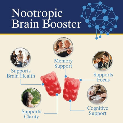 Brain Supplements for Memory, Focus, Concentration - Brain Gummy Vitamin Plus Nootropics, Phosphatidylserine, B6 & B12, Caffeine Free Nootropic, Clarity & Memory Support Supplement - 60 Gummies