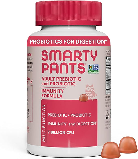 SmartyPants Adult Probiotic & Prebiotic Gummies for Digestive Health: 6 Billion CFU Gut Health Supplement, Clinically Studied Prebiotic for Immune Support, Strawberry, 60 Count (30 Day Supply)