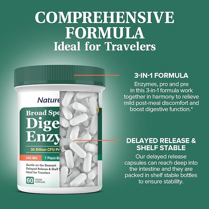Digestive Enzymes, 7 Plant-Based Enzymes, 245 mg, 30 Billion CFU Probiotics, 13 Strains, Prebiotic XOS, Gentle, Digestive Health, Shelf Stable, 60 Vegan Caps
