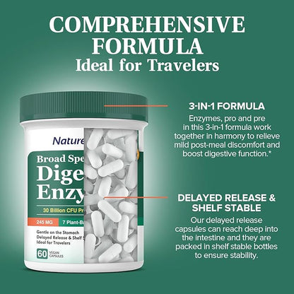Digestive Enzymes, 7 Plant-Based Enzymes, 245 mg, 30 Billion CFU Probiotics, 13 Strains, Prebiotic XOS, Gentle, Digestive Health, Shelf Stable, 60 Vegan Caps