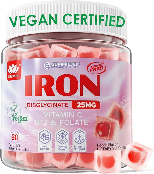 Iron Gummies for Women 25mg (Made in USA) Plus Vitamin C, Beet Root, Vitamin B12, Folate for Iron Deficiency, Anemia, Energy Boost, Sugar Free Iron Supplement, Non-Constipating, No After Taste, 60 Cts