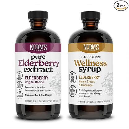 Norm's Farms Elderberry Extract & Wellness Syrup Bundle 2 PK - Immune Support Elderberry Syrup for Kids & Adults - Made in USA, Pure, Potent, Natural Ingredients, Vegan, Gluten-Free, Non-GMO - 8 Oz