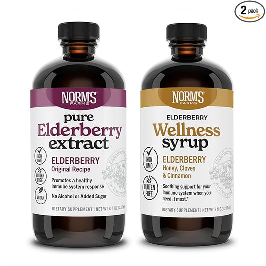 Norm's Farms Elderberry Extract & Wellness Syrup Bundle 2 PK - Immune Support Elderberry Syrup for Kids & Adults - Made in USA, Pure, Potent, Natural Ingredients, Vegan, Gluten-Free, Non-GMO - 8 Oz