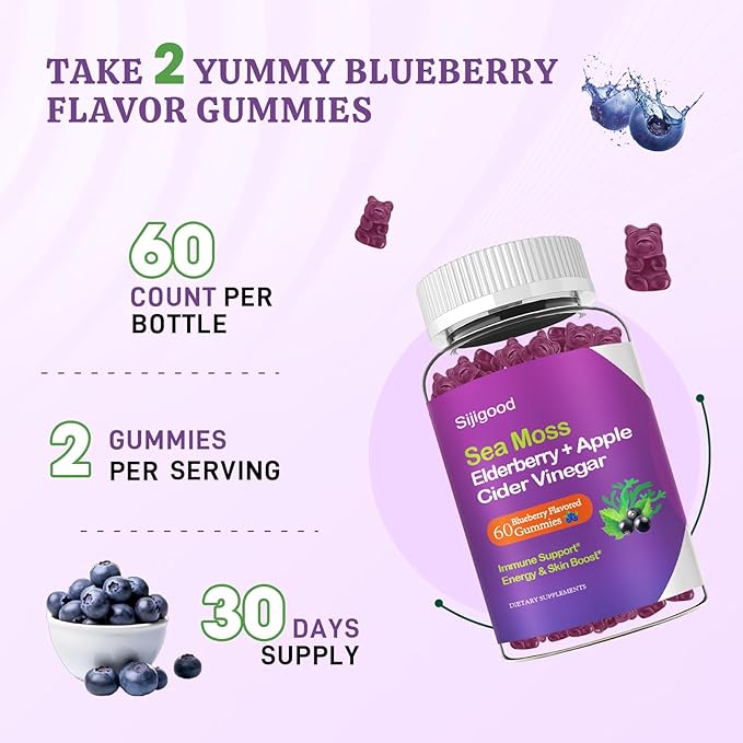 Irish Sea Moss Gummies with Elderberry, Bladderwrack, Burdock, Chlorophyll - Digestion, Skin, Hair and Enhance Immunity - Adults Kids Women Men, 60 Blueberry Flavored Gummies