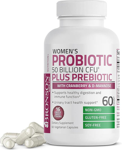 Bronson Women's Probiotic 50 Billion CFU + Prebiotic with Cranberry & D-Mannose – Vaginal Health, Healthy Digestion, Immune Function and Urinary Tract Support, Non-GMO, 60 Vegetarian Capsules