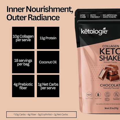 Keto Collagen Shake (Chocolate) - with Coconut Oil, Prebiotics, Grass Fed Hydrolyzed Collagen Peptides Type I & III, Low Carb, Gluten Free,1.78lbs. (810g)