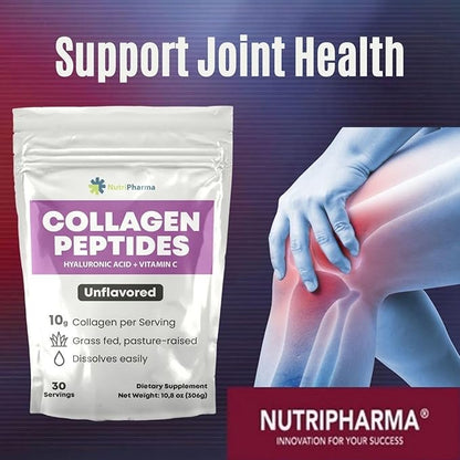 Collagen Peptides Powder with Hyaluronic Acid and Vitamin C, Promotes Hair, Nail, Skin, Bone and Joint Health, Unflavored Collagen Protein Powder, 30 Servings, 10,8 oz