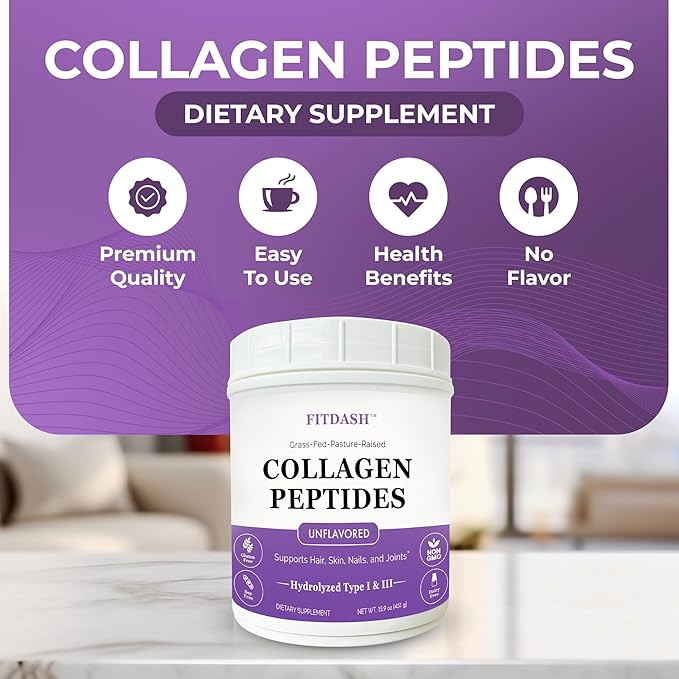 Collagen Peptides Hydrolyzed Collagen Powder Type I and III, Supports Hair, Nails, and Joints. Unflavored 41 Servings 15.9 Oz. Grass-Fed Pastured-Raised.