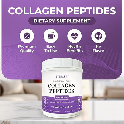 Collagen Peptides Hydrolyzed Collagen Powder Type I and III, Supports Hair, Nails, and Joints. Unflavored 41 Servings 15.9 Oz. Grass-Fed Pastured-Raised.