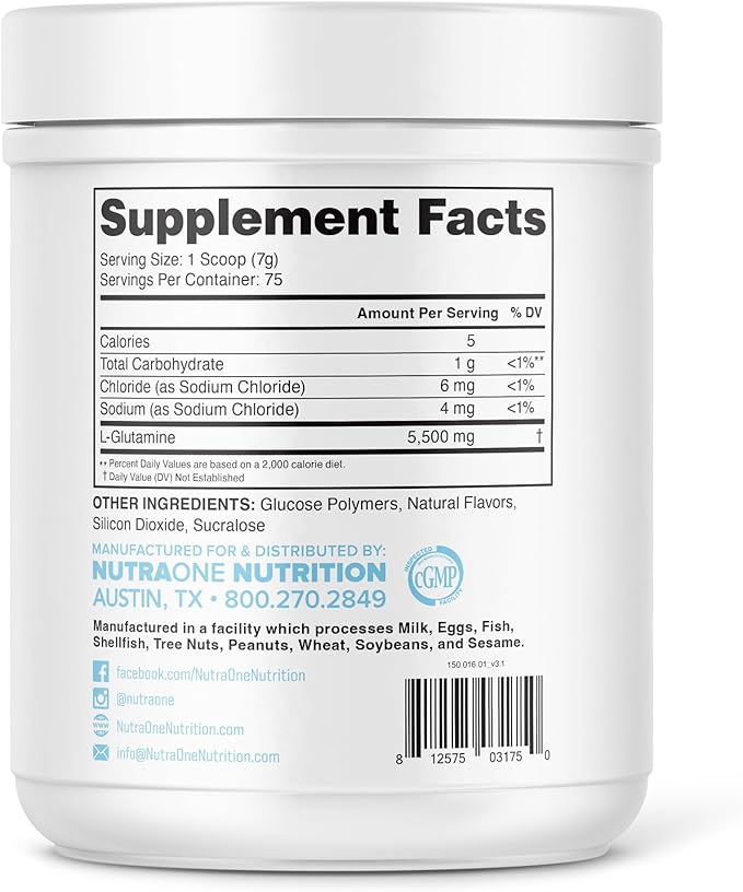 NutraOne GlutaOne L-Glutamine Powder Post Workout Recovery Supplement (75 Servings)