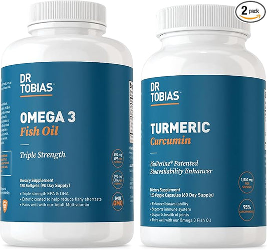 Dr. Tobias Omega 3 Fish Oil, 2000mg, and Turmeric Curcumin, 95% Curcuminoids, Promotes Overall Health with Antioxidant Support