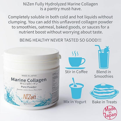 Nizen Marine Collagen Pure Powder, Hydrolyzed Peptides Easy-to-Digest Amino Acids Supplement. Unflavored. Non-Clumping. Made in Japan. 5.29oz