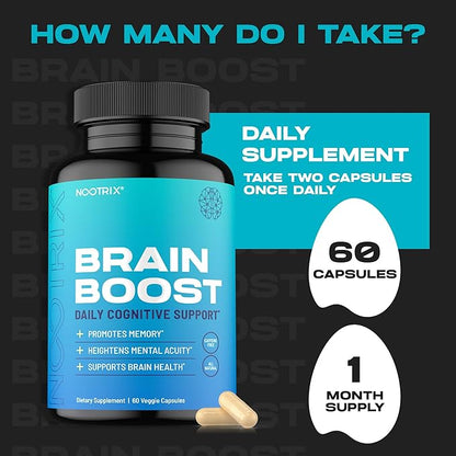 Brain Boost Nootropic Supplement | Supports Memory, Mental Focus, Cognitive Health & Energy | Promotes Healthy Mood & Brain Function | Ginkgo Biloba & DMAE | 60 Capsules