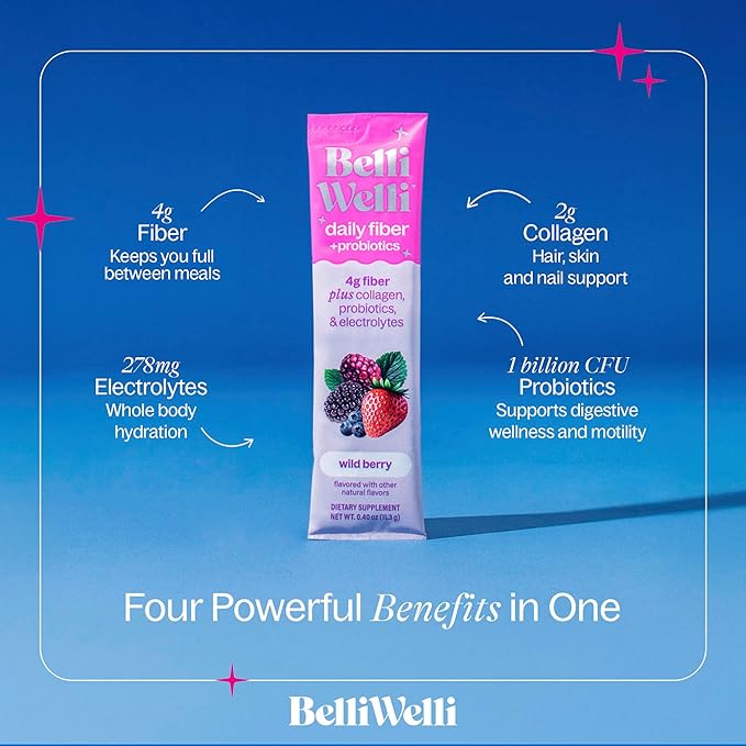 Daily Fiber Supplement Packets with Collagen, Probiotics & Electrolytes | Single Serve Packets for Gut Health, Digestion & Debloating | Wild Berry | 10 Count