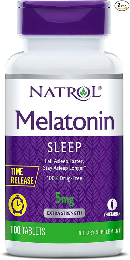 Natrol Time-Release Melatonin 5 mg, Dietary Supplement for Restful Sleep *, 100 Tablets (Pack of 2), 200 Day Supply