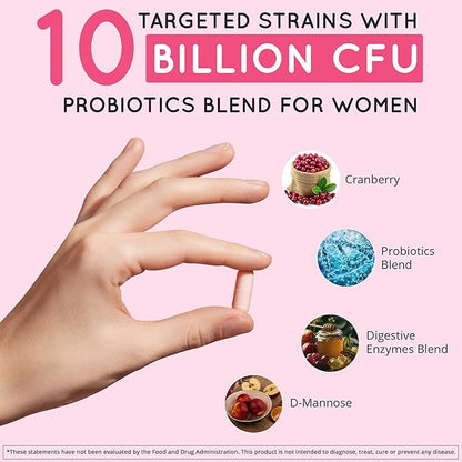 Vaginal Probiotics for Women - ph Balance for Women | Cranberry & D-Mannose | 10 Strains | BV, Yeast, Flora & Odor Control | Female Urinary Tract, Gut & Digestive Health Support Pills, 60 Ct