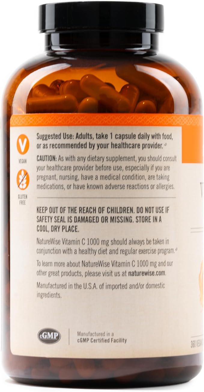 NatureWise Vitamin C 1000mg Capsules - Extra Strength Vegan Vitamin C for Daily Antioxidant & Immune Support - Non-GMO, USA Manufactured - 360 Capsules[360-Day Supply]