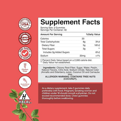Tasty Prebiotic Fiber Gummies for Adults - High Fiber Supplement Gummies Vitamins for Adults with Prebiotic Soluble Chicory Root for Immunity and Digestive Support - Non GMO Vegan Halal 120 count