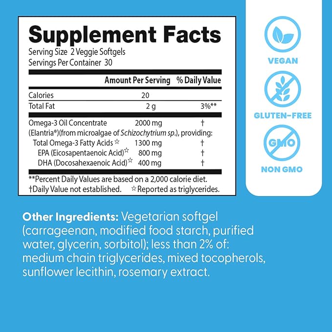 Doctor's Best Vegan Omega-3 EPA + DHA, Supports Eye, Brain, and Heart Health, Non-GMO, Gluten Free, Vegan, 60 Veggie Softgels