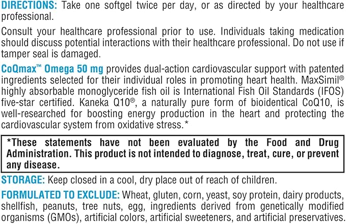 XYMOGEN CoQmax Omega 50 mg - CoQ10 + Fish Oil Omega 3 Supplement - Dual-Action Heart Health Support - Coenzyme q10 + Specialized Fish Oil for 3X Greater Absorption of EPA DHA (120 Softgels)