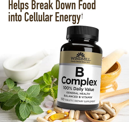 Windmill Natural Vitamins B Complex (100% Daily Value), Boost Energy Production and Promote Metabolism, 100 Tablets, 100 Servings