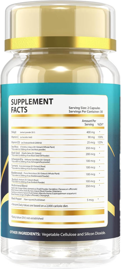 Nature's Vibe 18 in 1 Sea Moss 7000 mg,Shilajit 400 mg,Black Seed Oil 4000 mg,Ashwagandha 2000 mg, Turmeric,Bladderwrack,Burdock 2000 mg Each,Vitamin C & D3,Elderberry,Multimineral Blend -60 Caps