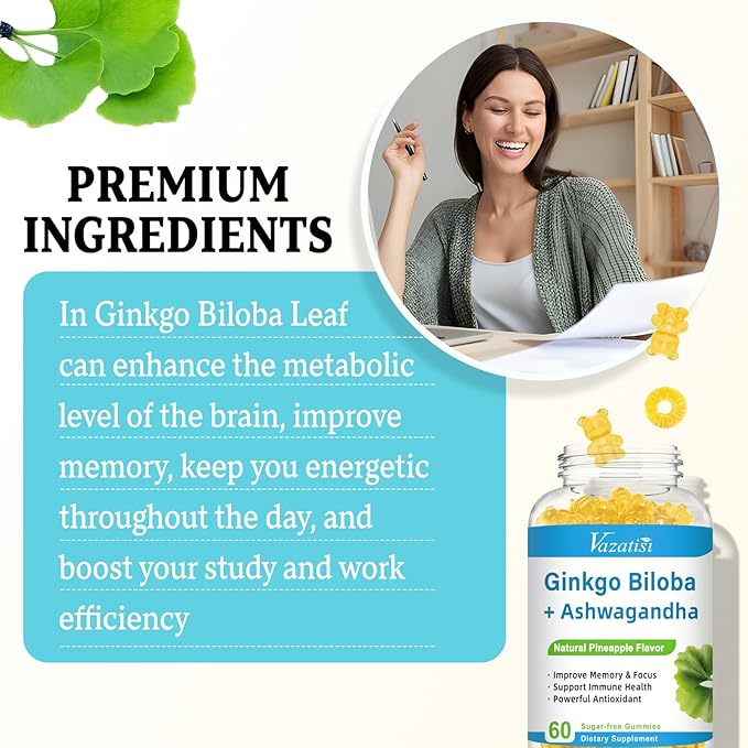 240MG Ginkgo Biloba Gummies | 120 Gummies | Improve Mood and Focus, Brain Health| Pineapple Flavor | Vegan, Non-GMO, Gluten Free Supplement