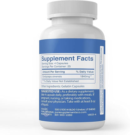 Pure Original Ingredients Cordyceps, (100 Capsules) Always Pure, No Additives Or Fillers, Lab Verified
