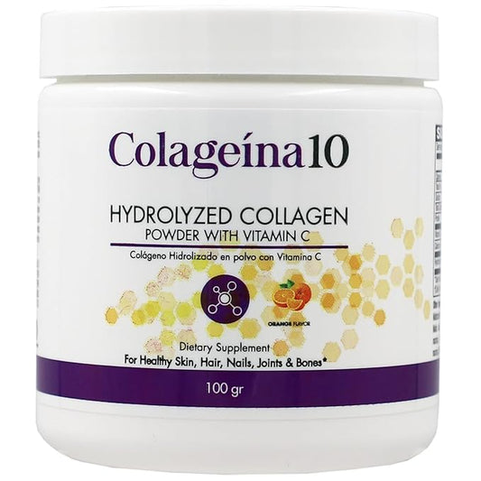 Colageina 10 Hydrolized Collagen Powder with Vitamin C, Anti-Aging, Orange Flavor, Water-Soluble, 3.5 Oz, Jar 3.5 Oz Powder, Jar