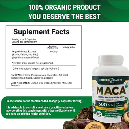 Mother Nature USDA Organic Maca Root Capsules, Black + Red + Yellow Peruvian Maca for Women & Men 1600mg - Supports Mood, Hormonal Balance Reproduction & Energy - Vegan Pills (120ct)