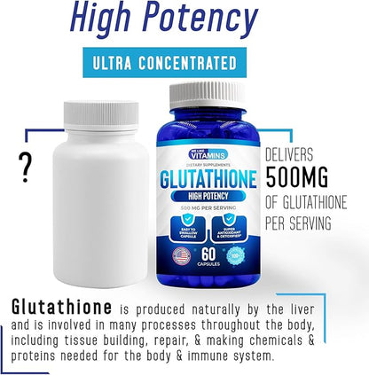 We Like Vitamins L Glutathione Supplement 500mg Per Serving | Manufactured in USA | 60 Glutathione Capsules | Highly Bioavailable Reduced Glutathione Supplement | Glutathione for Antioxidant