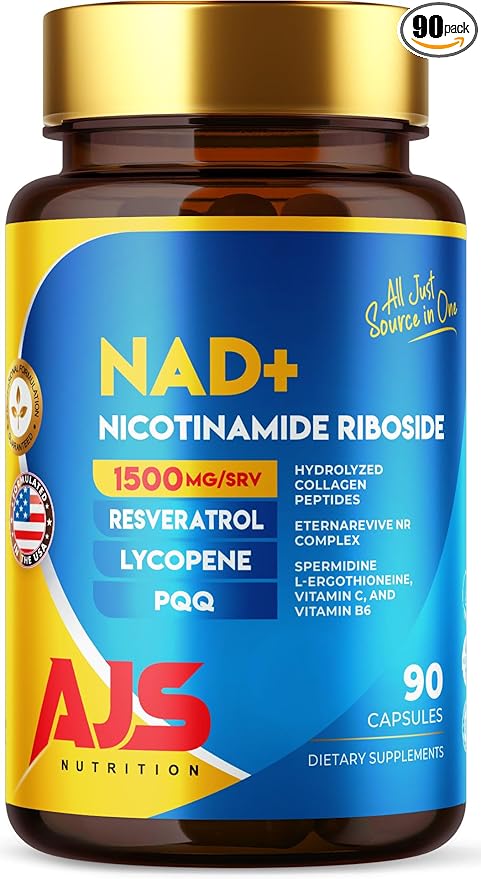 AJS NAD+ Cellular Energy – NR Supplement with PQQ, Resveratrol, Lycopene, Spermidine, L-Ergothioneine, and Collagen Peptides – 90 Capsules for Cellular Support & Skin Health