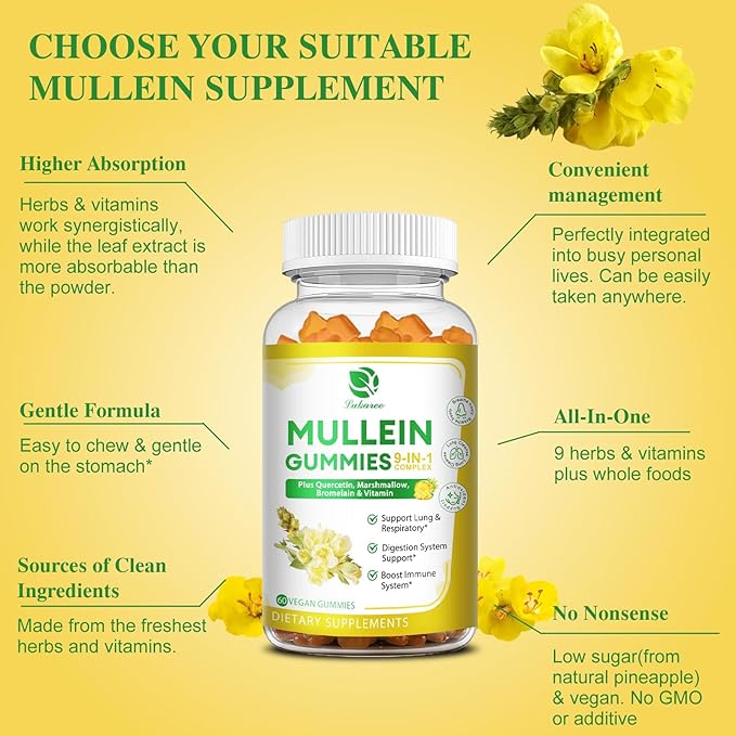 (2 Pack) 9 in 1 Mullein Gummies for Lung Cleanse & Detox, Extra Strength Mullein Leaf Extract w/Quercetin, Bromelain, Elderberry & Marshmallow for Respiratory, Immune & Digestive, Vegan,120 Count
