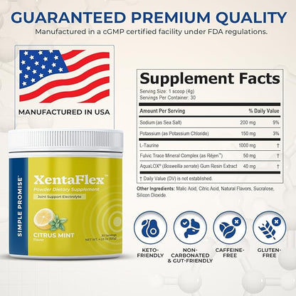 Simple Promise XentaFlex - Joint Support Electrolyte Powder with AquaLOX Boswellia & Potassium - Supports Hydration and Mobility -Joint Supplement for Men & Women - 30 Servings - Citrus Mint Flavor
