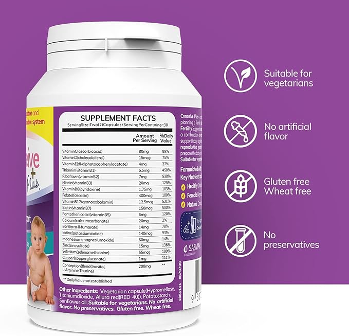 CONCEIVE PLUS Women's Fertility Support: Conception Prenatal Supplements for Her, Aids Hormonal Balance, & Regular Cycles - Folic Acid, B12, Zinc, Biotin, Non-GMO - 60 Vegetarian Soft Capsules