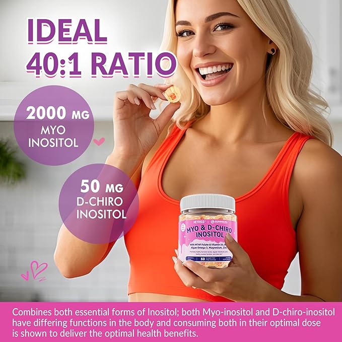 Sugar Free Inositol Gummies - Myo-Inositol & D-Chiro Inositol Supplement 2000mg + 50mg Plus Methylfolate, Vitamin D3, B12, Algae Omega 3, Magnesium & Zinc Support Hormone Balance for Women, 40:1 Ratio