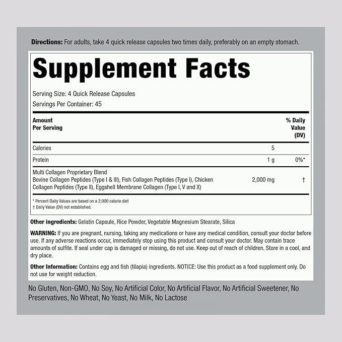 Piping Rock Multi Collagen Protein Capsules | 180 Count | 2000mg | Types I, II, III, V, X | Complex Blend | Non-GMO, Gluten Free