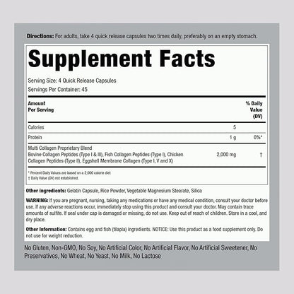 Piping Rock Multi Collagen Protein Capsules | 180 Count | 2000mg | Types I, II, III, V, X | Complex Blend | Non-GMO, Gluten Free