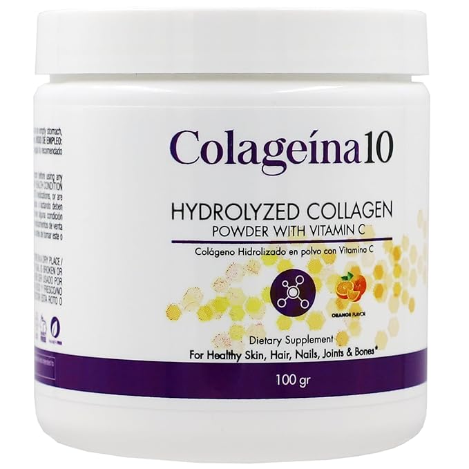 Colageina 10 Hydrolized Collagen Powder with Vitamin C, Anti-Aging, Orange Flavor, Water-Soluble, 3.5 Oz, Jar 3.5 Oz Powder, Jar